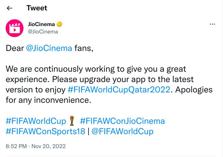 Jio Cinema Tweet
