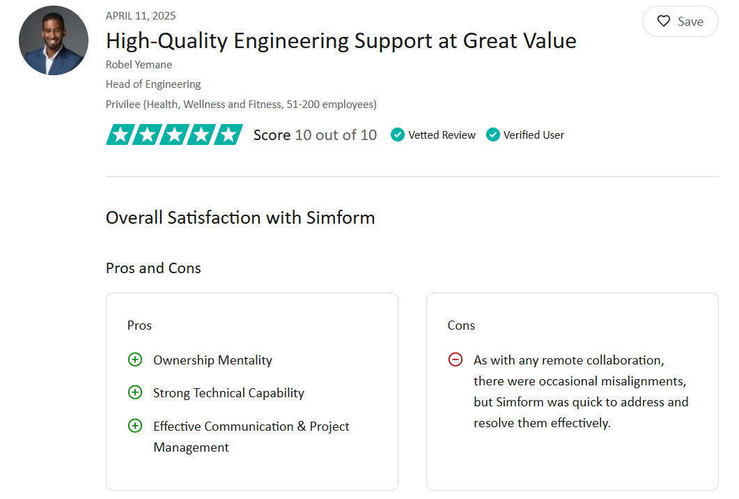 simform customer review on trustradius